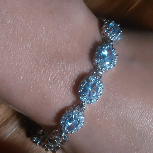 Simulated Blue and White Diamond Silvertone Brass Bracelet - Picture 9 of 15